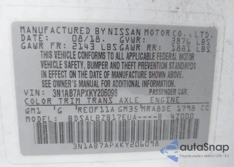 2019 Nissan Sentra S z USA, uszkodzony, nr VIN 3N1AB7APXKY206098